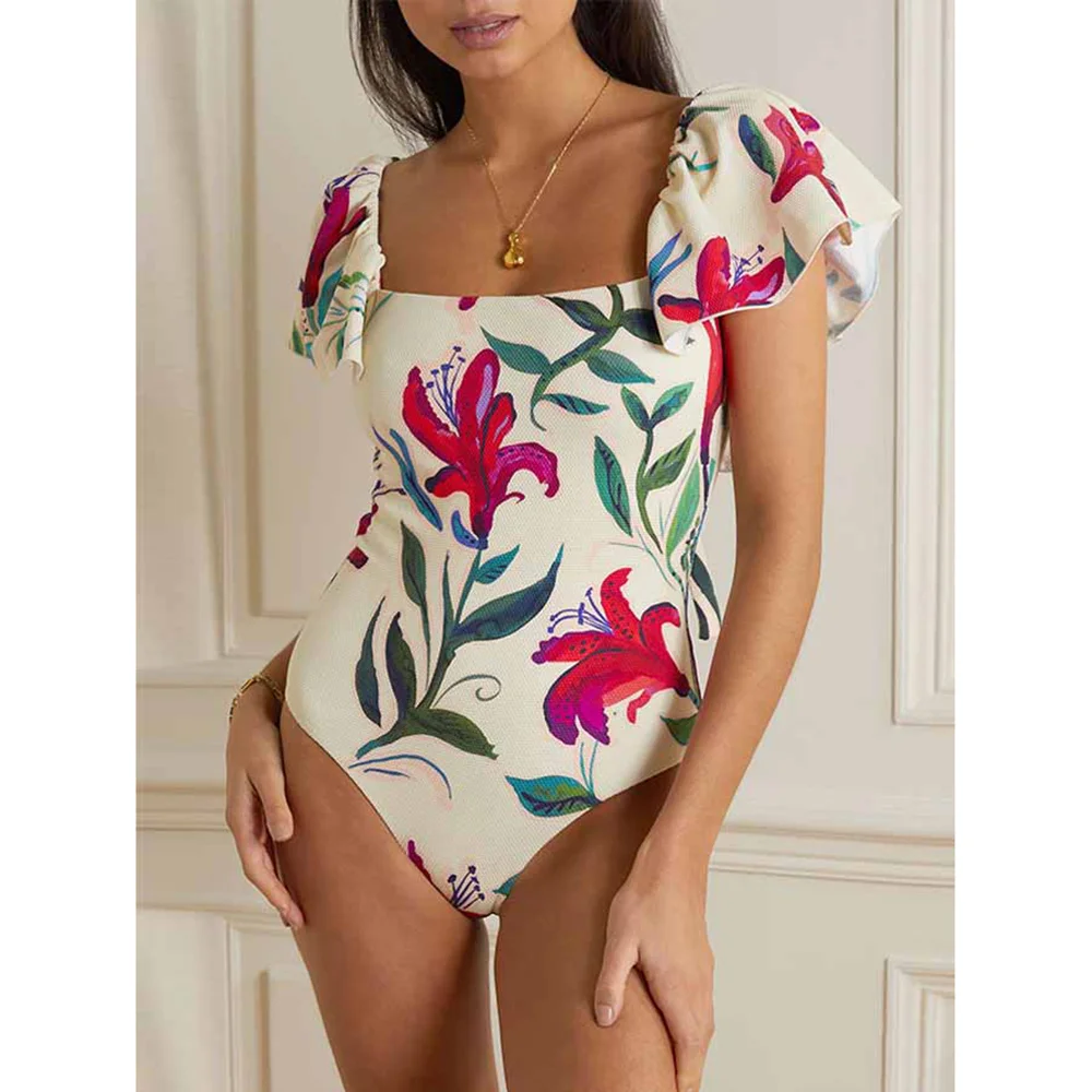 

Women 2023 Swimsuit Polyester Swimwear Tummy Controlx Floral Print Bathing Suits The Shoulder Ruffle Plunge Square Neck BackLess