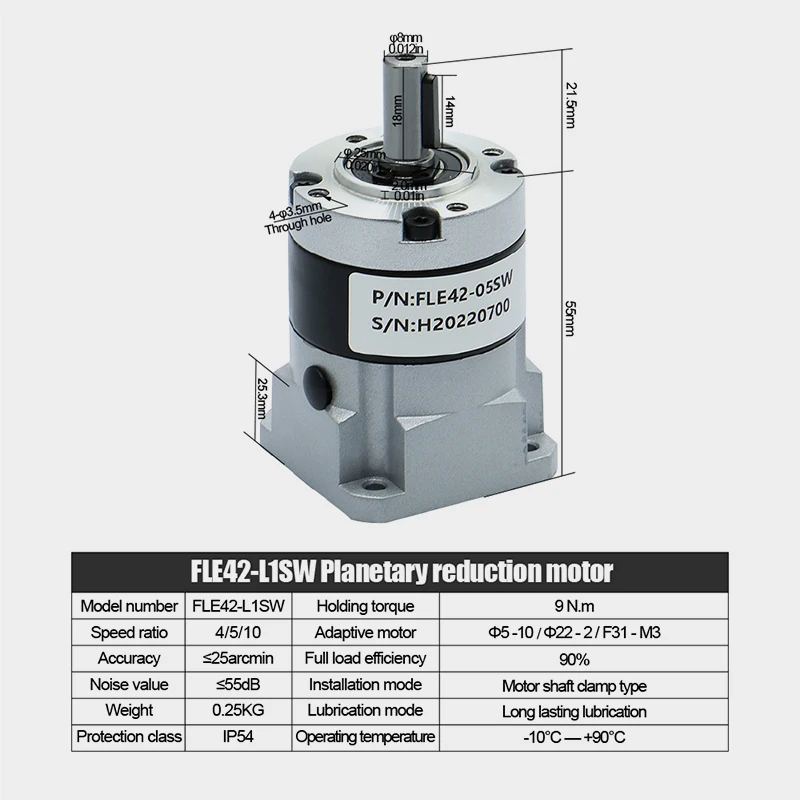 Description Picture 3 of itemHigh Precision Planetary FLE42-LSW Gearbox Speed Reducer for Nema17 42 Stepper Motor ratio 4/5/10/20/25/50 input 5mm output 8
