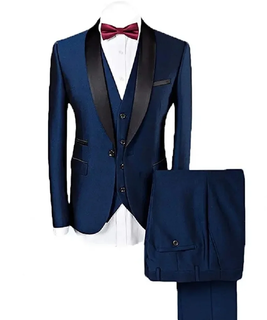 Men Shawl Lapel 3-Pieces Suit Slim Fit One Button Dress Suit Blazer Jacket Pants Tux Vest Men Suits With Pants Costume Homme