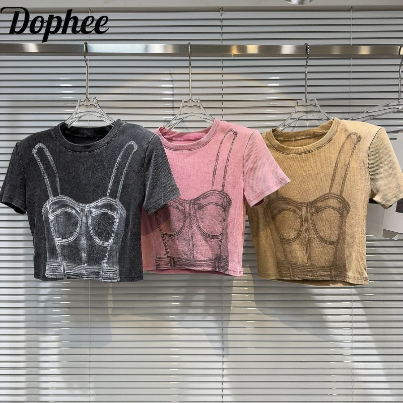 

Dophee 2024 New Summer Women Short Sleeve T-shirt Underwear Pattern O-neck Basic Tees Spice Girls High Waist Crop Tops 3color