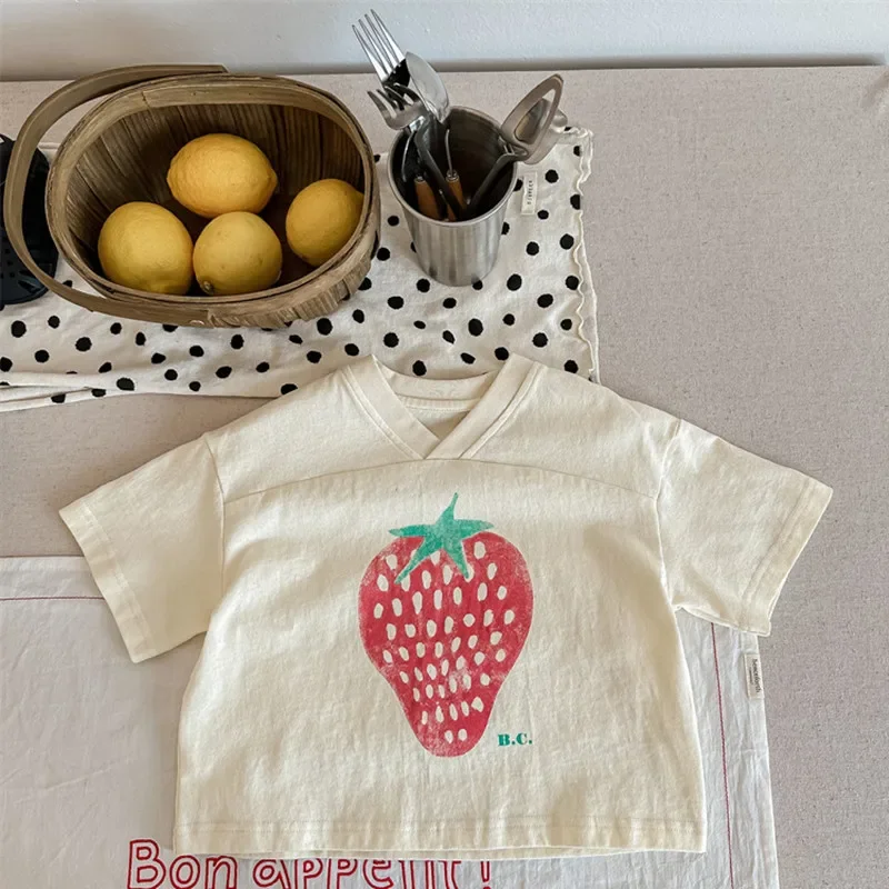 

2023 Summer Children Strawberry Printed T-shirts Short Sleeve Loose Tops Toddlers Kids Casual Tees