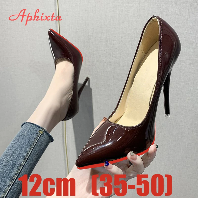 Aphixta 여성용 슈퍼 하이 씬 힐 펌프스, 12cm, 뾰족한 발가락 특허 가죽, 웨딩 원피스, 사무실 여성, 슈퍼 빅 사이즈 49, 50