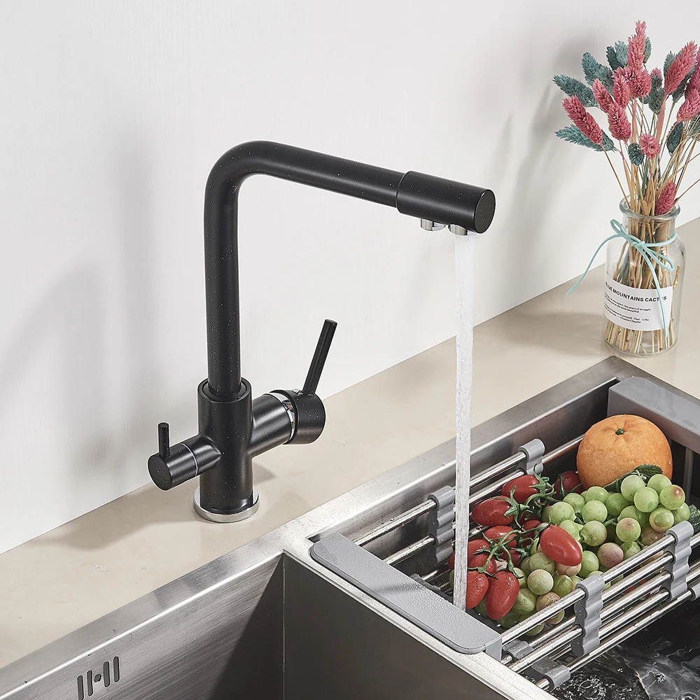 Matte Black Brass Pure Water Kitchen Faucet Dual Handle Hot and Cold Drinking Water 3-way Filter Kitchen Purified Mixer Taps double bowl kitchen sink