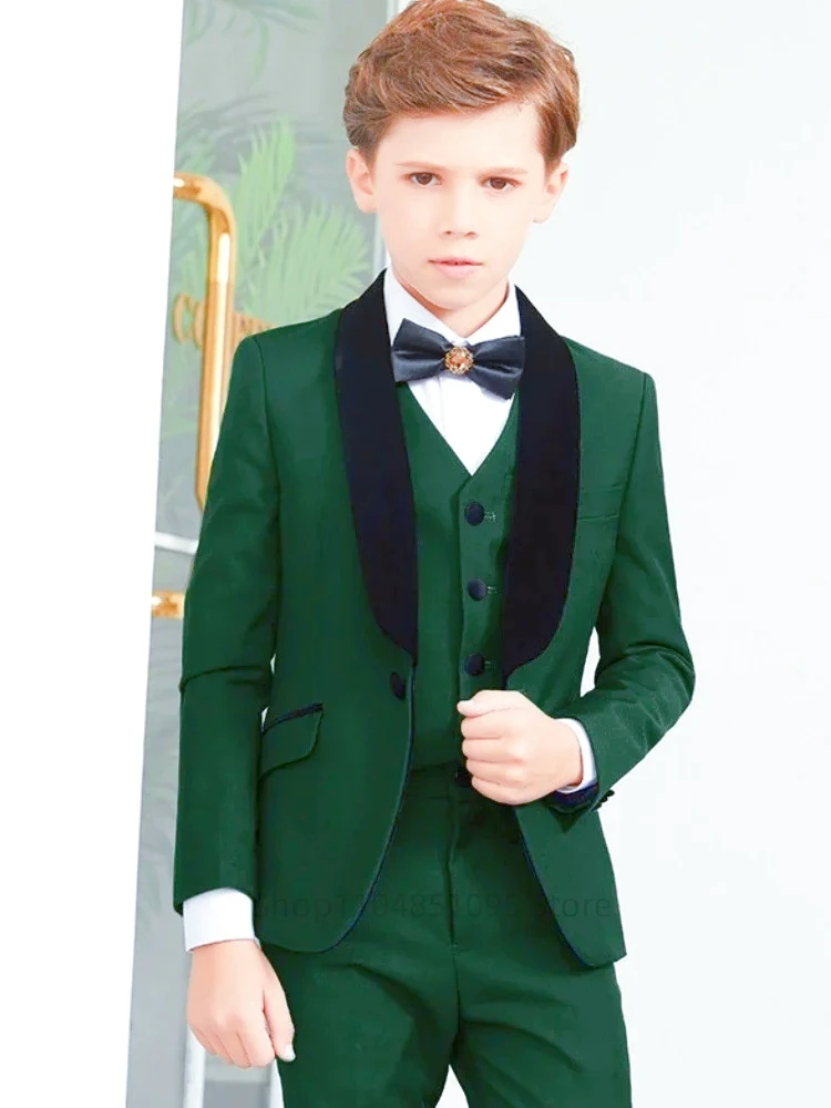 Blue Flower Boys Suits Dress Set Children Wedding Party Birthday Gift Elegant Gentleman Tuxedo Shawl Lapel Jacket+Vest+Pants