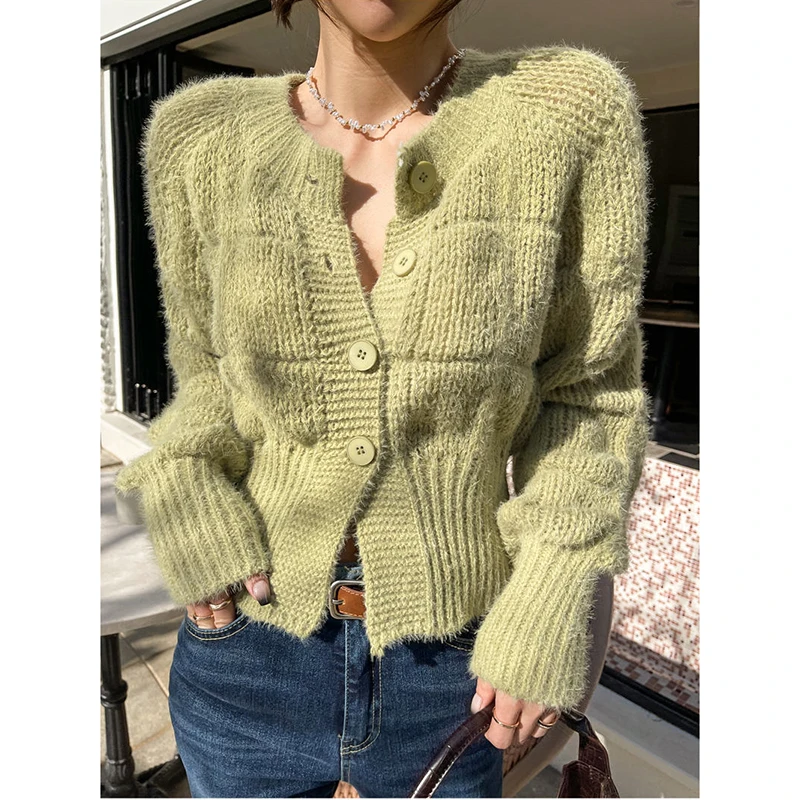 

2023 Autumn Winter Knitted Cardigan Sweaters Women V-Neck Long Lantern Sleeve Cropped Cardigan Top Single Breasted Sweater Coat
