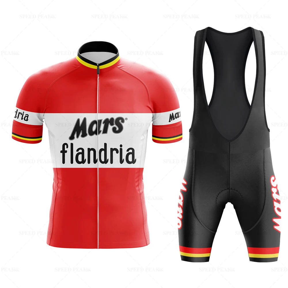 Mars Cycling Jersey Men short sleeve Set Retro Red Bib Short Sleeve Bike Clothing Bicycle Summer Sportswear Triathlon Retr