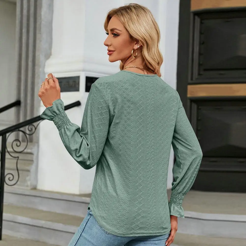 

Elegant Lady Blouse Stylish Women's V-neck Patchwork Blouse Contrasting Colors Hollow Out Flower Edge Trumpet Cuff for Spring