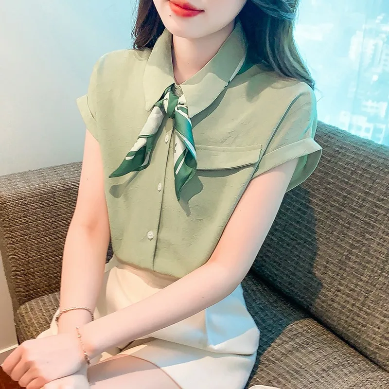 

Женская шифоновая рубашка на пуговицах, с коротким рукавом и отложным воротником