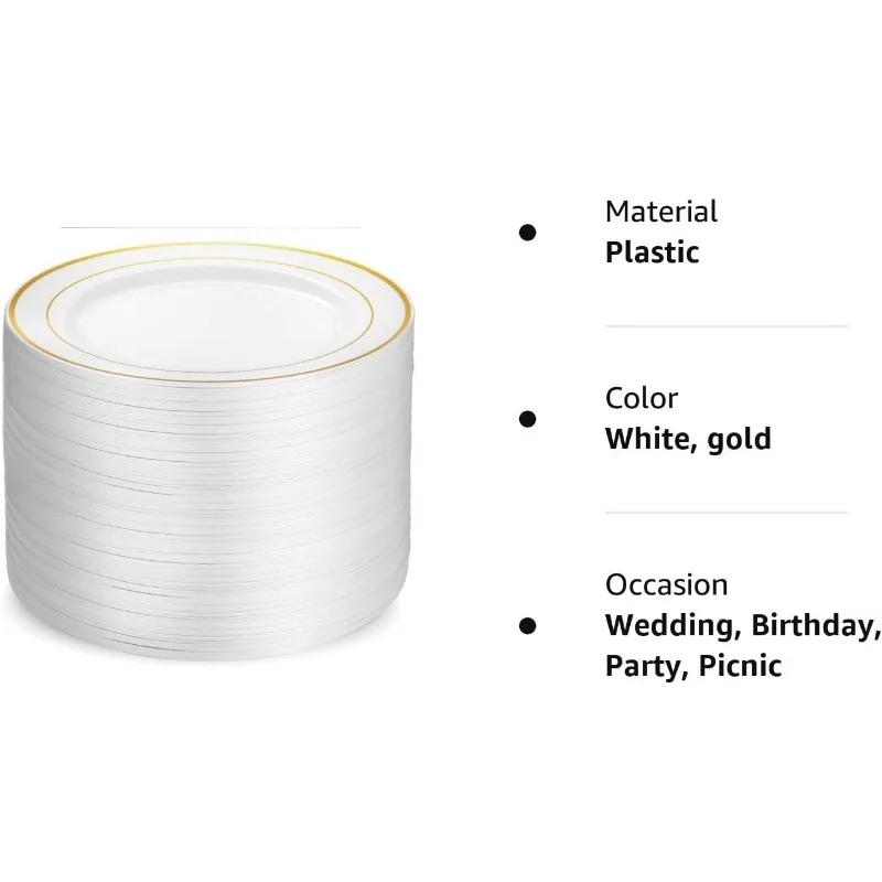 100 Piece Plastic Party Plates White Gold Rim 10.25 Inch Dinner Elegant Fancy Heavy Duty Disposable Wedding Plates dining dish