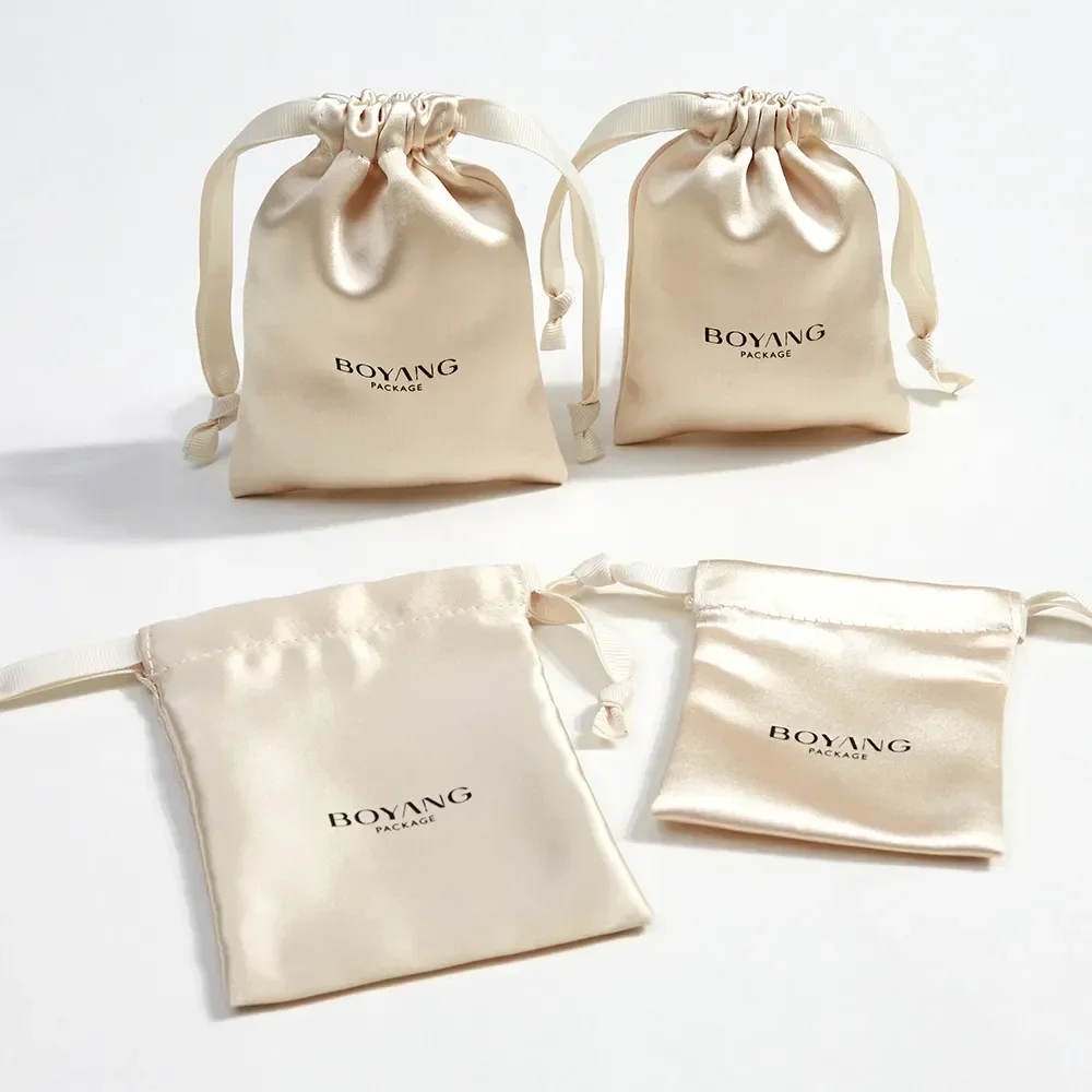 Satin Drawstring Brooch Watch Earrings Rings Necklace Storage Jewelry Accessory Pouch Bag Gift Packaging Bag Custom Logo 50pcs 100pcs bulk canvas natural cotton drawstring gift pouch wedding necklace bracelet rings earrings 5x7cm packaging storage bag