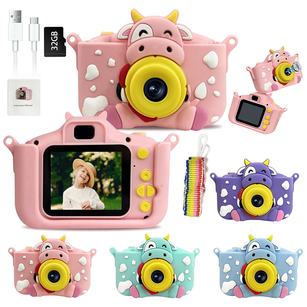 

Детская Цифровая камера 1080P HD фото видеокамера с картой 32 Гб мультфильм корова силиконовая фотокамера для девочек и мальчиков подарки на день рождения