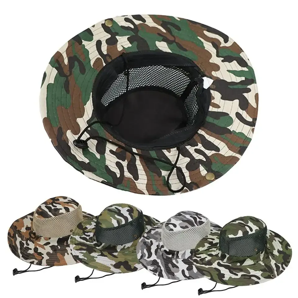 Outdoor Sunhat Hunting Fishing Cap Outdoor Wide Brim Sun Cap Mesh Breathable Camouflage Leaves Hat Man Sun Cap Jungle Fisherman