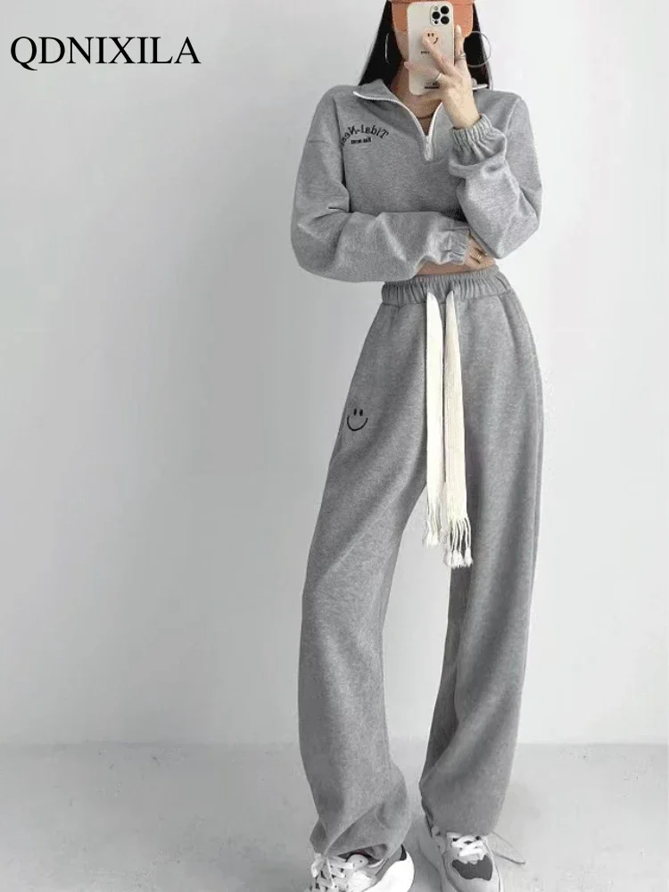 

Женский спортивный костюм, весенне-осенний комплект из 2 предметов, женская одежда, корейский винтажный короткий свитшот с длинным рукавом, повседневный модный костюм с брюками