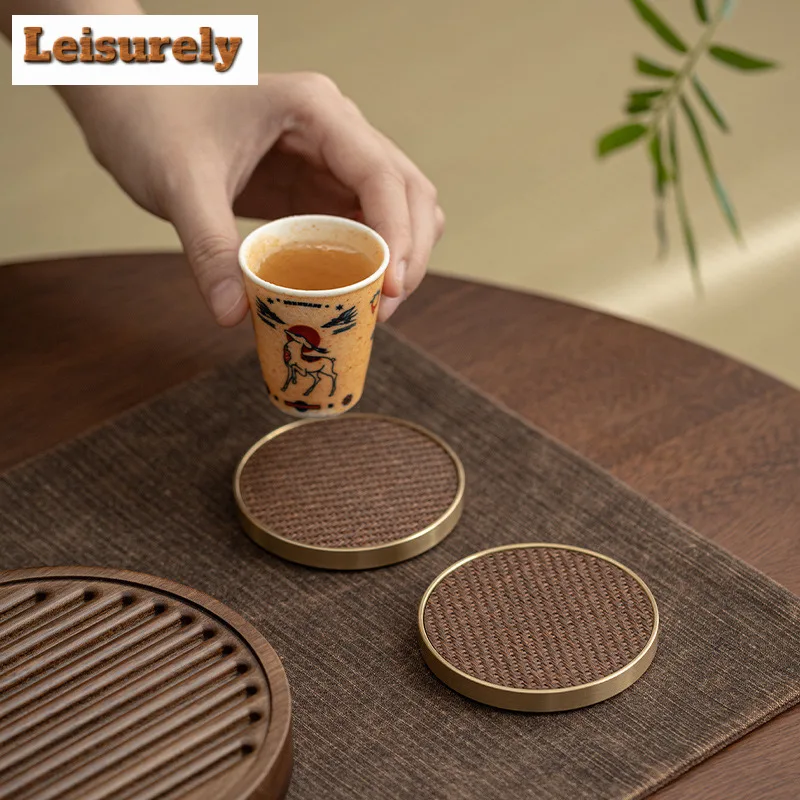 6pc/lot Electric Wood Autumn Vine Copper Coaster Chinese Household Circular Teacup Holder Anti Scalding Placemats Mug Mat Teaset
