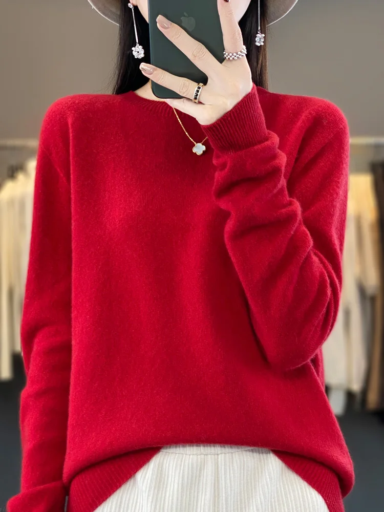 100% pure wool 2024 autumn and winter new cashmere sweater women's O-neck pullover fashion solid color long sleeve pullover. 5