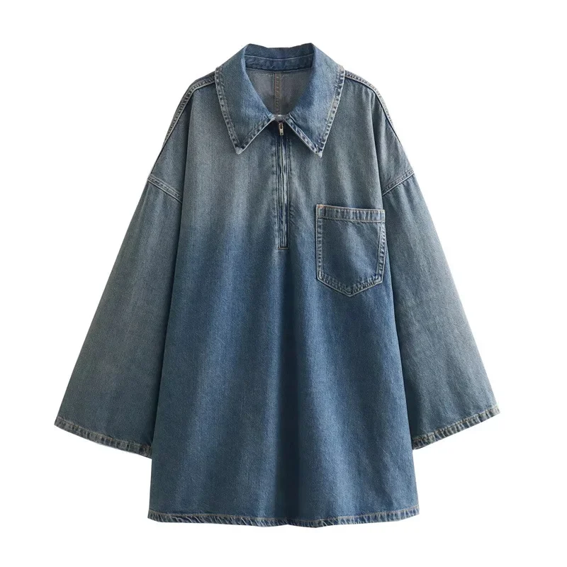 

Golf Autumn New Women's Simple and Fashionable Versatile Flip Collar Loose denim Dress