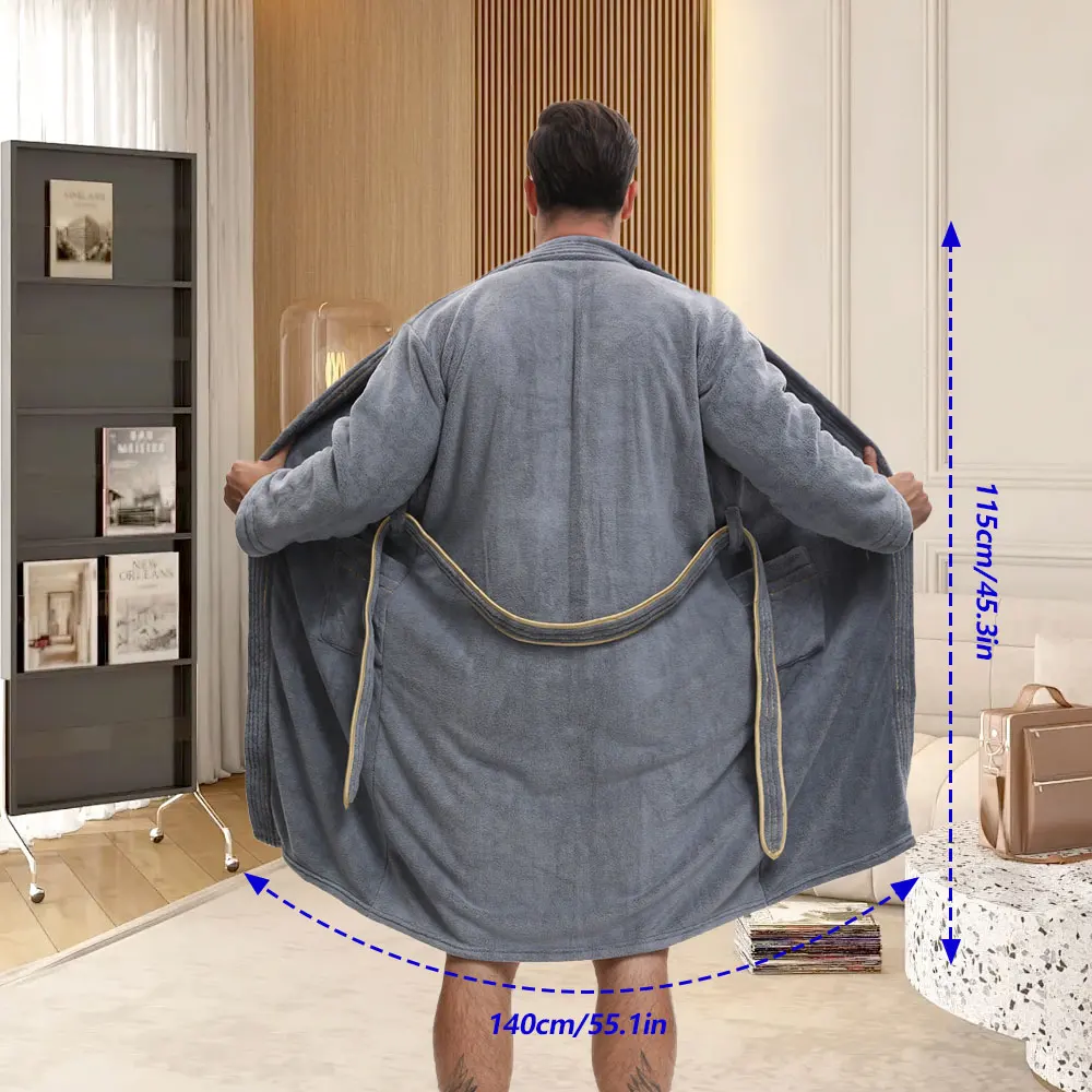 طقم رداء حمام سميك من الصوف المرجاني طويل أنيق للرجال، رداء حمام طويل مع جيب، مريح ومناسب للمنزل