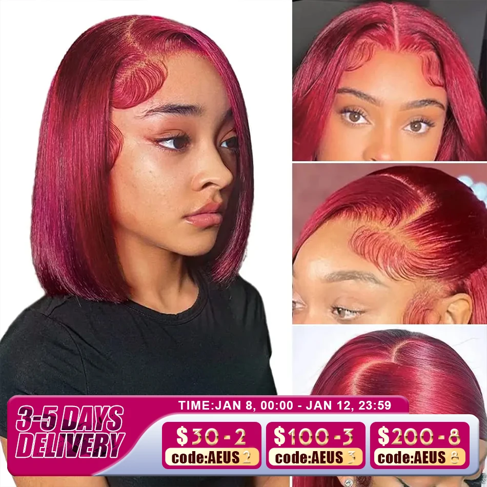 

150% 99J Burgundy Short Bob Wig 13X4 Lace Front Wig For Black Women Brazilian Human Hair Red Highlighted Colored T Part Lace Wig