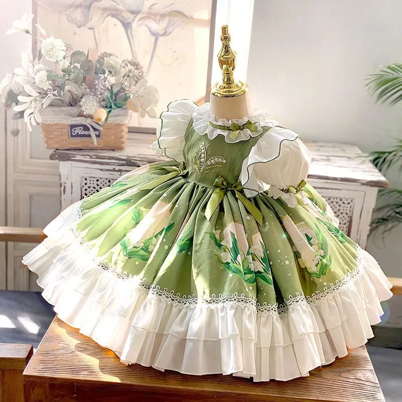Birthday Party Lolita Sweet Dress Girls Kids Summer Green Dress Cute Princess Doll Teen For Baby Girls 2-10Y