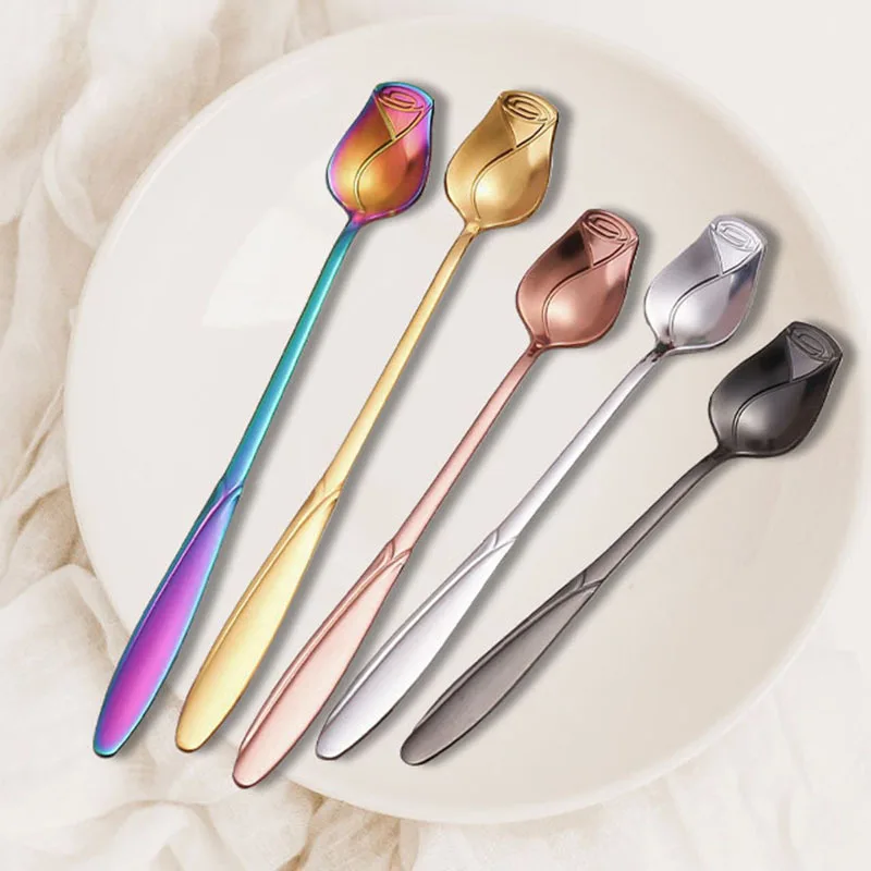 Stainless Steel Rose Stirring Spoon Long Handle Coffee Spoons Tiny Flower Scoop Unusual Teaspoon for Dessert Honey Cake Tea 5Pcs