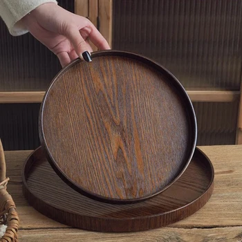 Vassoio per alimenti Colazione Cena Vassoio da portata rotondo vintage Piatto in legno Piatto in legno Tè Organizzazione bagno Vassoi portaoggetti multiuso