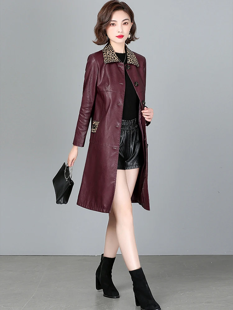 New Women Leather Coat Spring Autumn Fashion Leopard Collar Shirt Style Slim Sheepskin Coat Casual Long Outerwear Split Leather