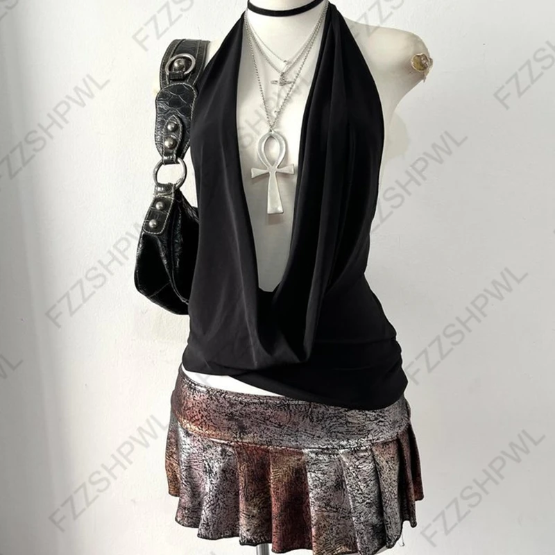 Gothic Y2K Women's Long-Sleeve T-Shirt Sexy Slim Fit Chic Slash Neck Zipper Design Crop Top Rock Punk Hip Hop Women's Streetwear