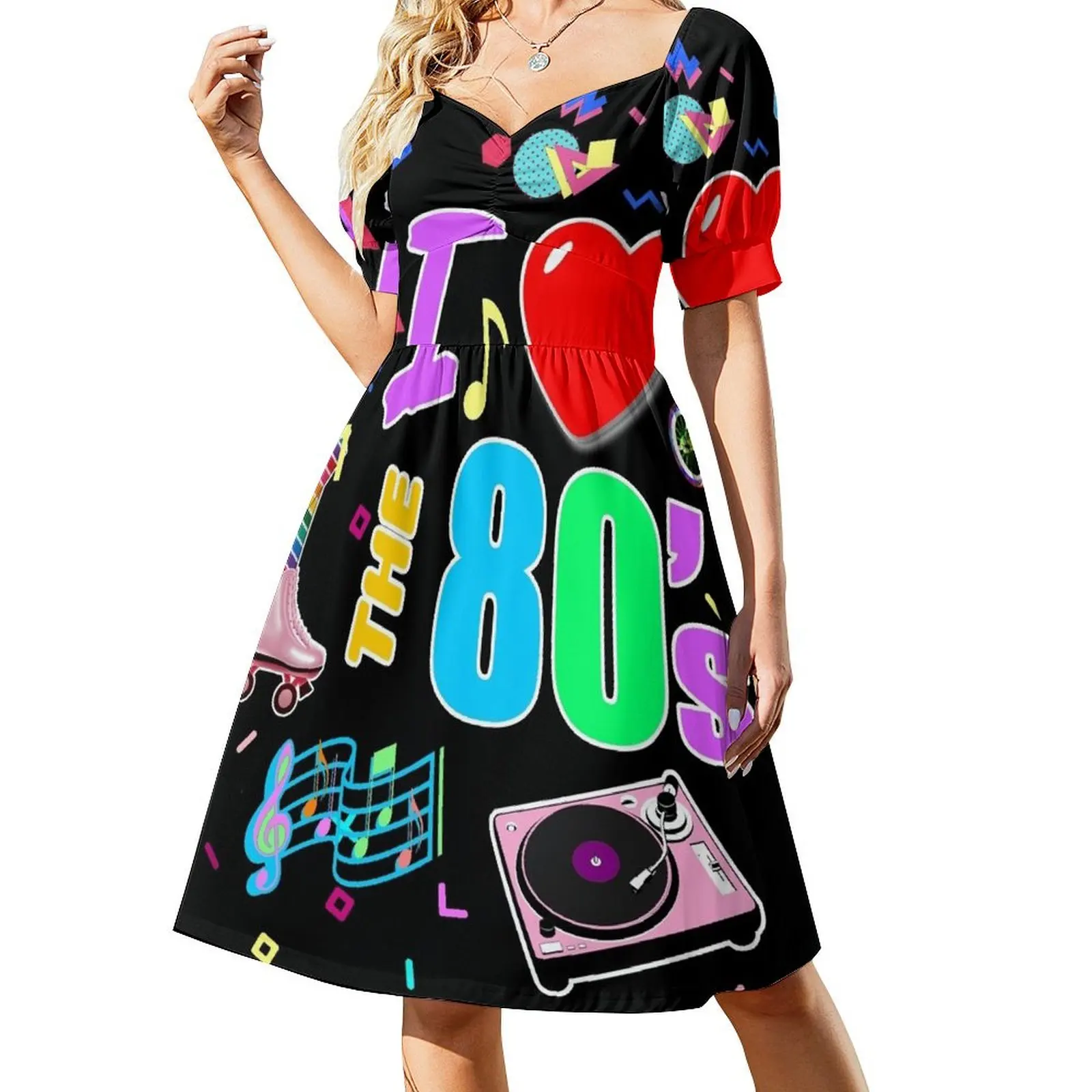 Me encanta el vestido retro de los 80 con corazón de manga corta Vestidos de mujer vestidos elegantes para mujer Vestido