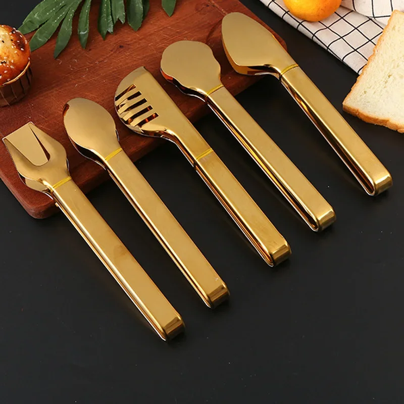 10-Styles Gold BBQ Food Tongs Stainless Steel Food Clip Cake Bread Grill Clamp Sugar Clip Ice Clip Utensils Kitchen Accessories