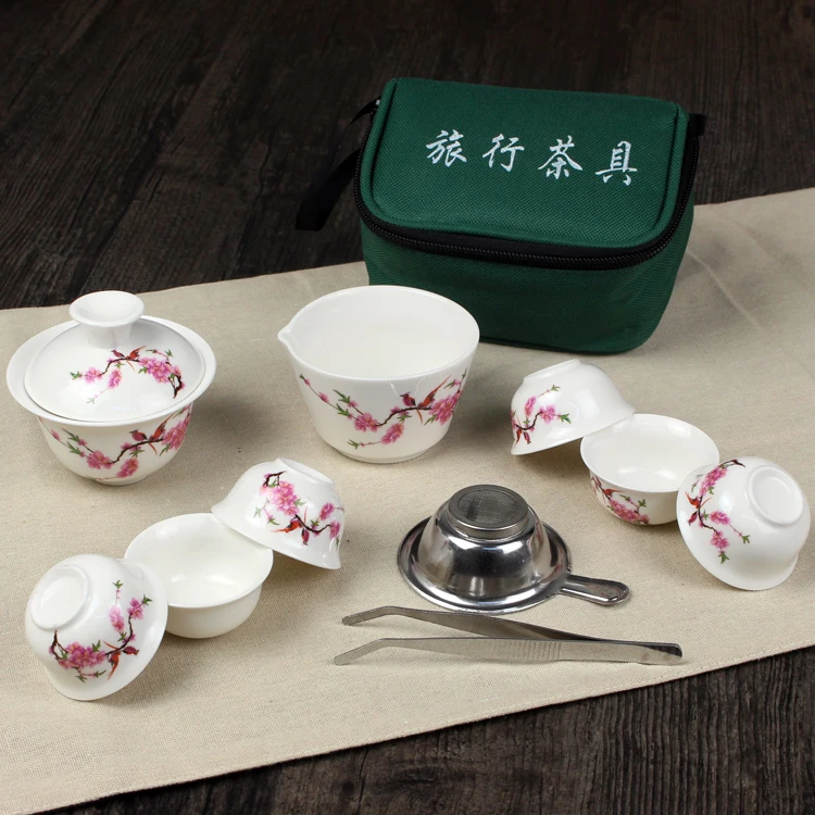 11 Pcs Travel Tea Sets Chinese Portable Ceramic Bone China Gaiwan Teacup Porcelain Tea Cup The Kung Fu Travel Set Bag