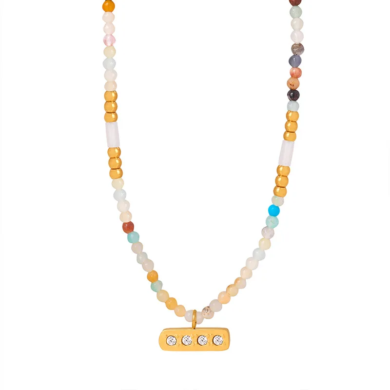 

Marka Natural Stone Bead Chain Necklace for Women Fashion Square Stainless Steel Pendant Boho Crystal Jewelry Girl Accessories