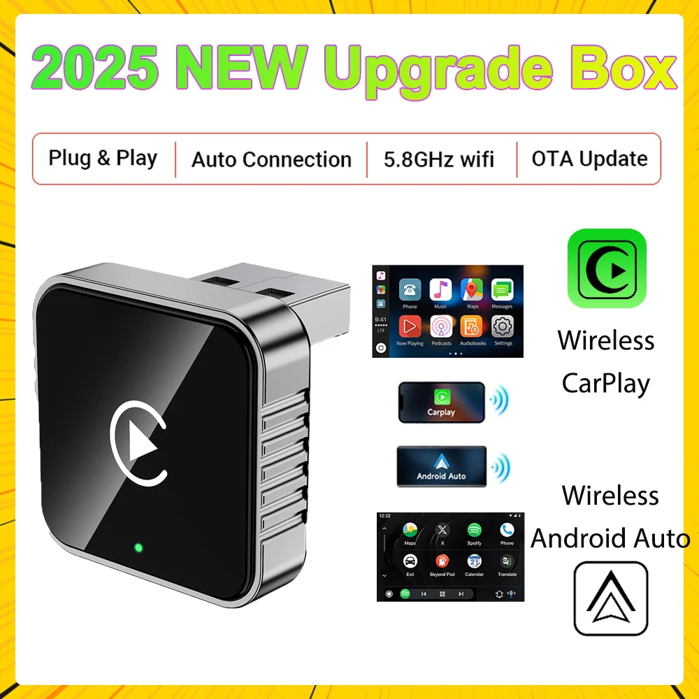 Wireless CarPlay Android 2025 New Smart Auto Adapter Hassle-Free Plug&Play Stable BT WiFi Connect OTA Upgradable Fit 99% Vehicle