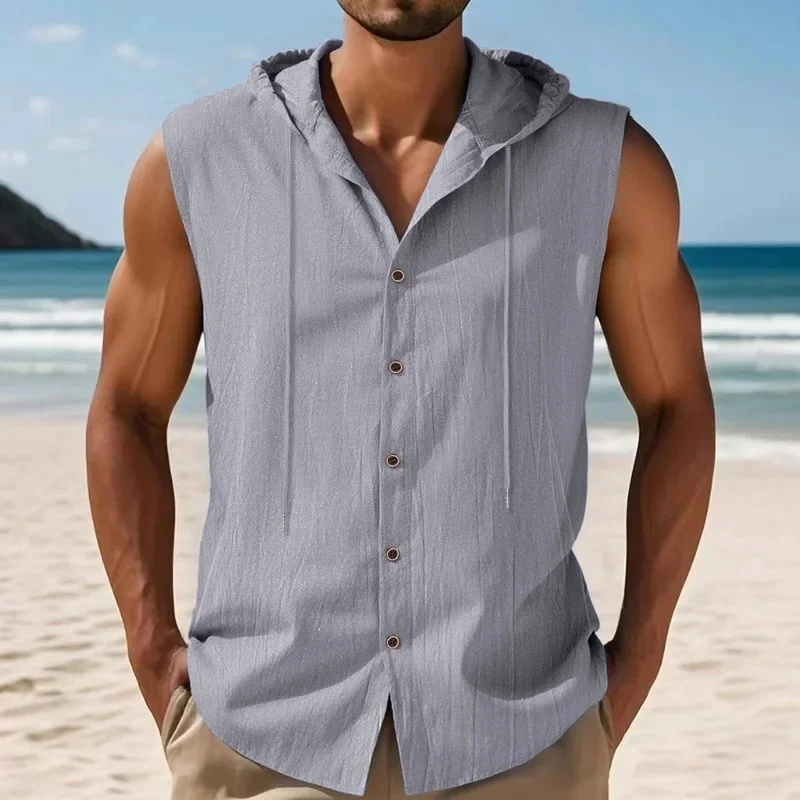 Summer Men's Linen Hooded Sleeveless Shirt Loose Casual Breathable Waistcoat Male Solid Thin American Style Beach Shirts Vests_viptrois.com