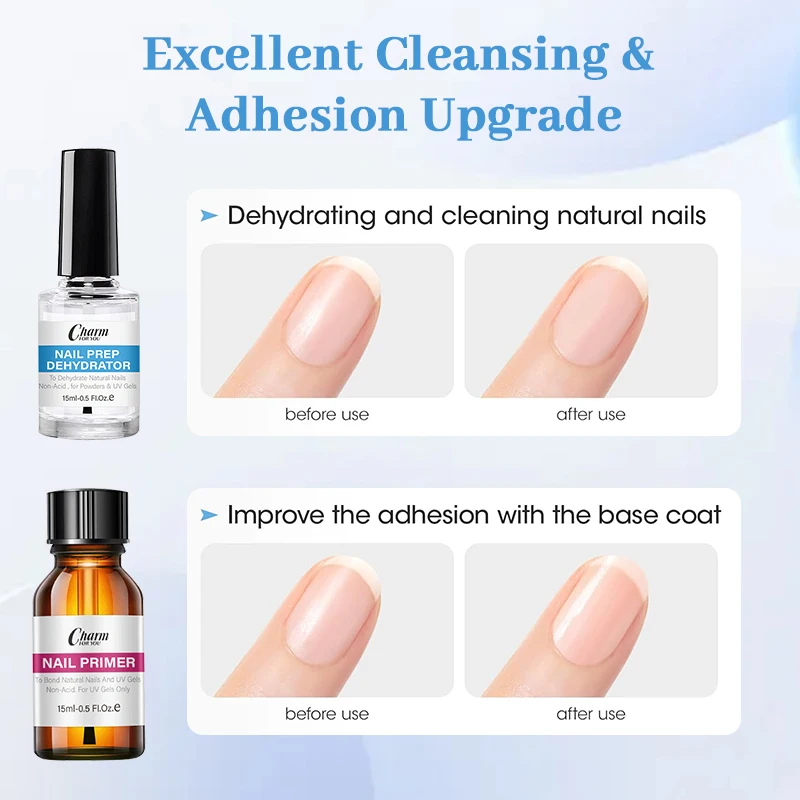5pcs Natural Nail Prep Dehydrator and Nail Acid-Free Primer Set with Base Coat &Top Coat Soak Off Gel Art Top Gel