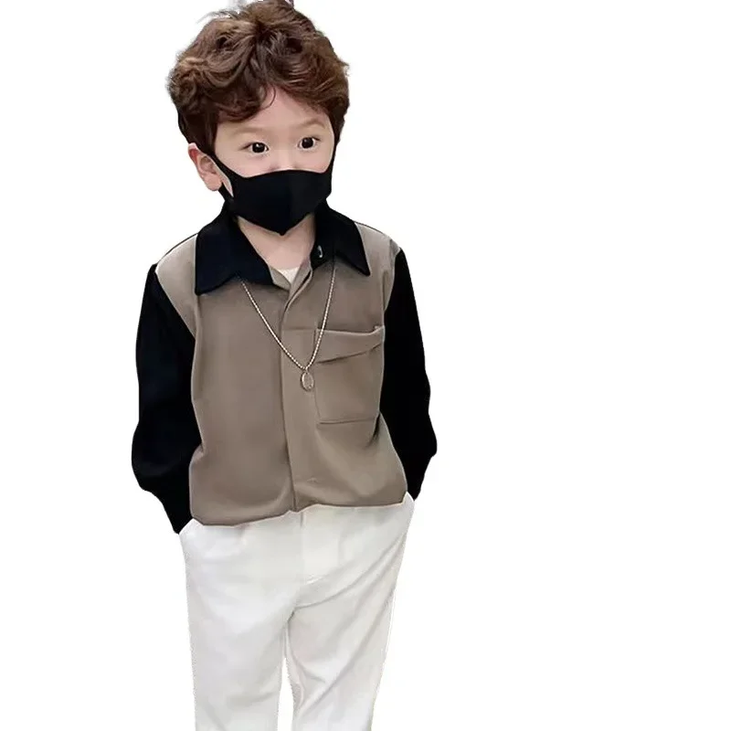 Boys Color Block Shirt British Style Trendy Streetwear Spring Kids Clothing Small Children Shirt Handsome
