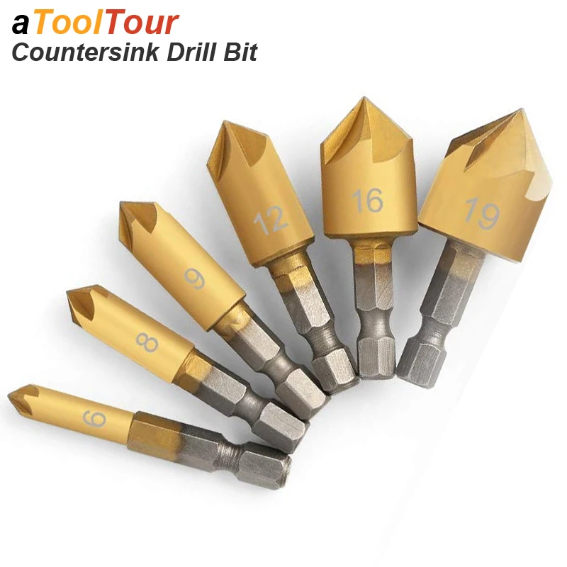 Countersink Drill Bit Chamfer Counter Sinking 1/4' Hex Shank 5 Flute Counter Sink Mill Cutter for Wood Soft Metal Rubber Plastic