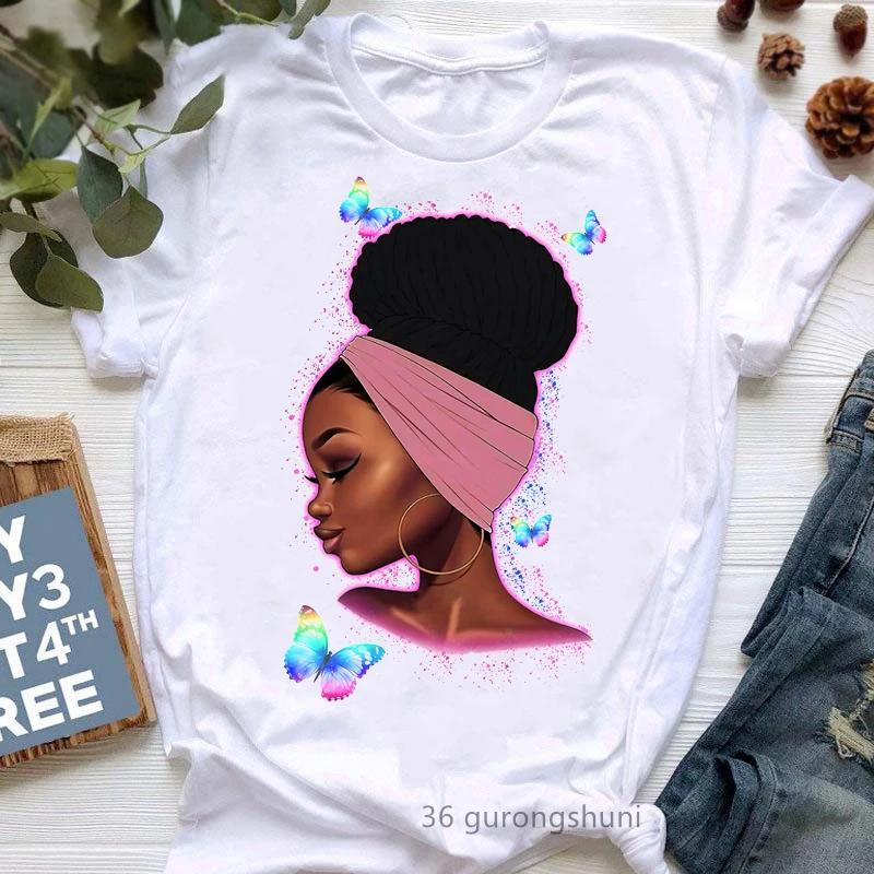 Watercolor Black Girls Magic Print Tshirt Women Rainbow Butterfly T Shirt Femme Cool Melanin T-Shirt Female Harajuku Shirt