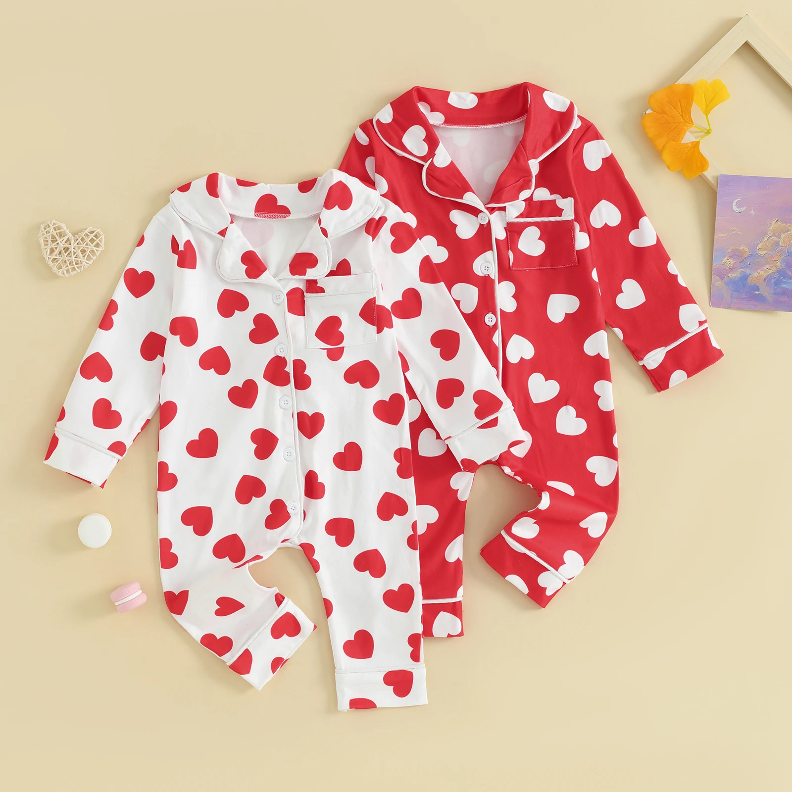 FOCUSNORM 0-24M Lovely Baby Boys Girls Pajamas Jumpsuits Long Sleeve Lapel Collar Heart Print Button Up Rompers
