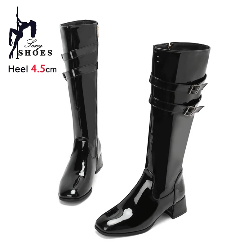 Women's Buckle Block Heel Knight Boots With Side Zipper Fashion Black Knee High Boots 4.5CM Square Toe Women Autumn Winter Shoes