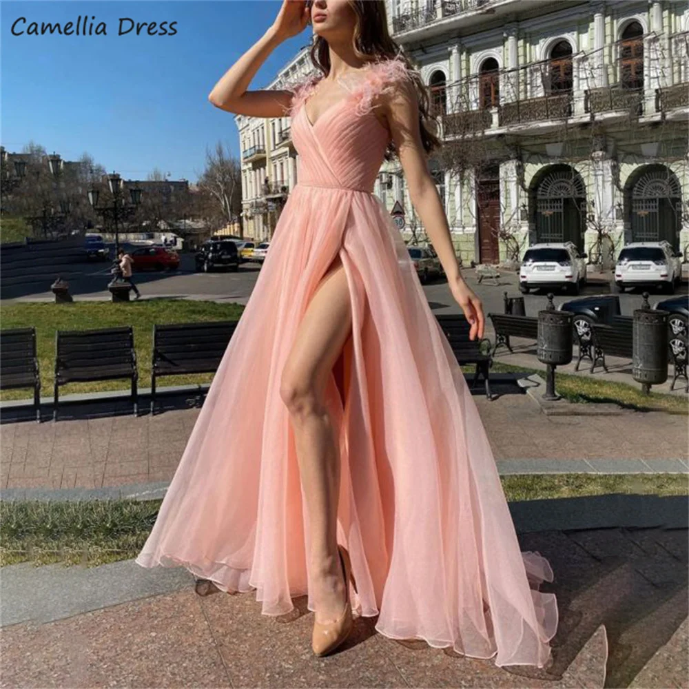 

Sexy High Split Prom Dresses For Women V-Neck A Line Pleats Formal Evening Dress Backless Party Gown Robe De Soirée فستان سهرة