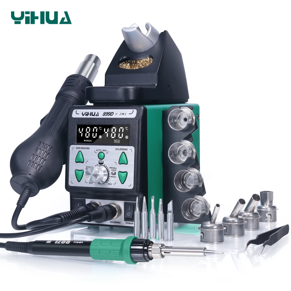 

YIHUA 899D-II One Button Turns Hot to Cool Air New Upgraded Nozzle Easy Plug-pull 2 IN 1 Hot Air Rework Soldering Iron Station