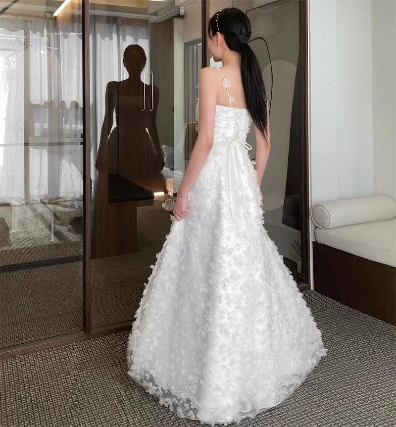 MD Spaghetti Strap A-line Tulle Wedding Dress Bead Korea Photoshoot Floor-Length Corset Customized Bride Gowns Corset 웨딩드레스 2025 4