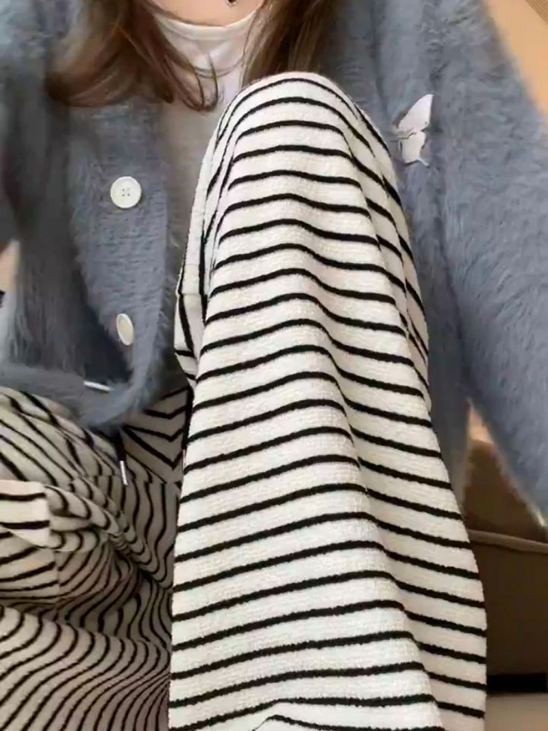 Retro High Waist Striped Straight Leg Rice Noodle Pants Women's Autumn Winter Loose Concealing Slimming Drapey Wide Leg Casua...