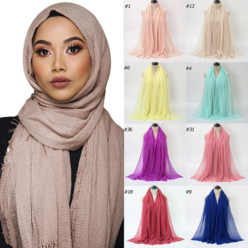 

Muslim Hijab Scarf Solid Color Cotton Long Head Wrap For Women Oversizes Pleated Head Scarf Ladies Shawls And Wraps Scarves