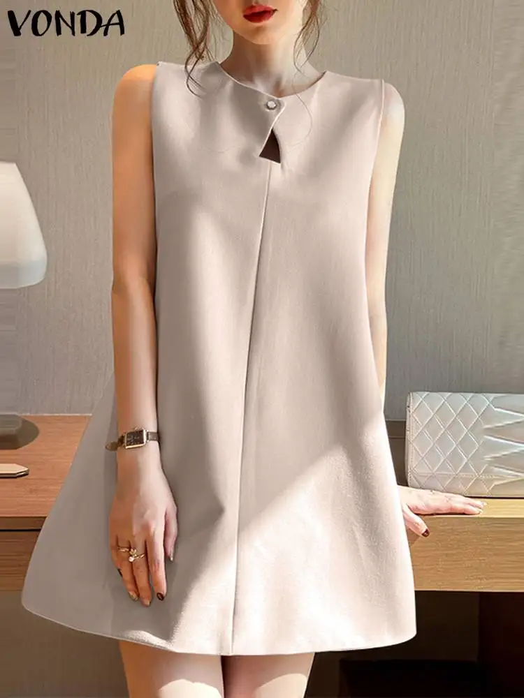 

2023 VONDA Summer Women Dress Sleeveless Sexy Mini Sundress Solid Color Casual Loose Fashion Sexy Hollow Out Short Vestidos Robe