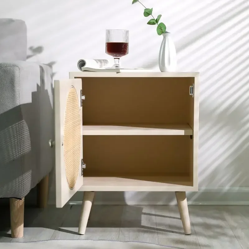 Room Bedroom Bedside Table Rattan Bedside Cabinet Storage Wood Cabinet for Homestay Hotel Home