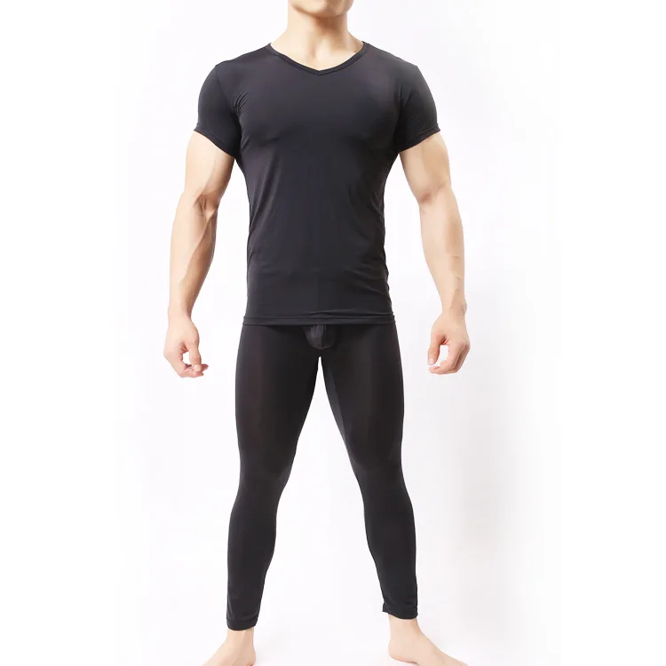 Men Undershirt Set Ultra-thin Cool Spandex Thermal Sleep Shirt & Pant Set