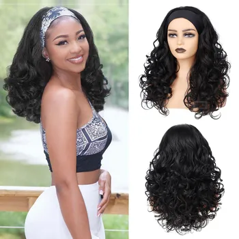 Synthetic Yaki Curly Headband Wigs for Black Women Kinky Straight Black Headband Curly Ends Wear and Go Glueless Half Wig