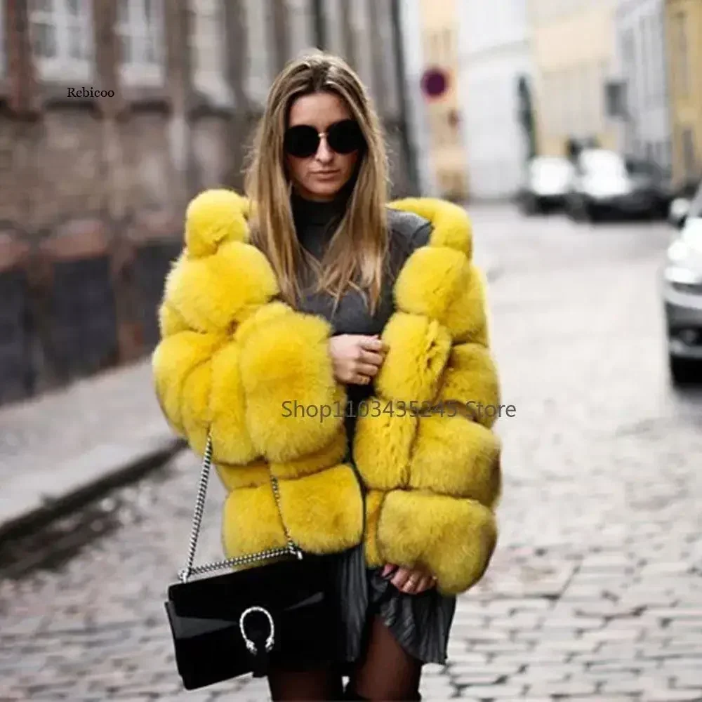 2025 New Luxury Faux Fox Fur Coat Women Short Winter Jacket with Big Fur Hood Thick Warm Overcoat Fashion Flurry Fake Fur Coats 2