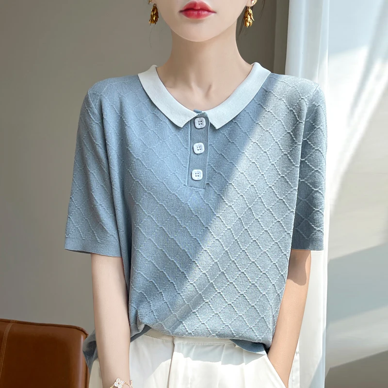 

Summer T-Shirt New Soft Ice Silk Knit Women's Lapel Collar Clothes Silk Thread Half Sleeve Thin Loose T Shirt For Women Slim Top